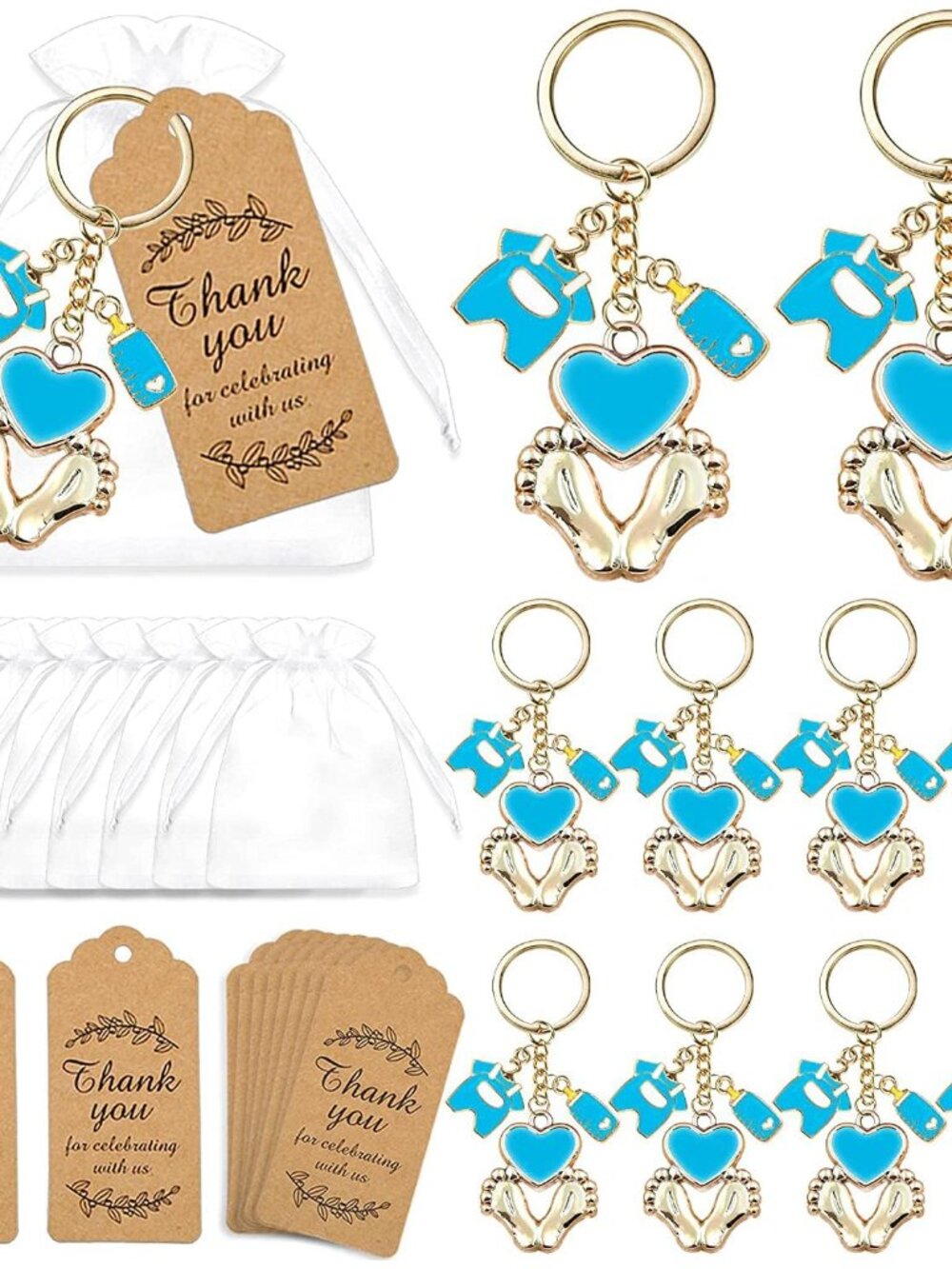 12 Sets Baby Shower Favors for Boy Blue Footprint Keychains Gifts with Bottle Ba